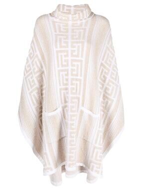 Balmain Lurex Ivory White Monogram Knit Poncho Size 1 EU NWT